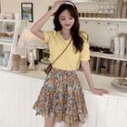 Short-sleeve Crinkled Blouse / Floral Print Mini A-line Skirt