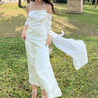 Long-sleeve Cold Shoulder Plain Sheath Dress