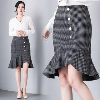Plaid Riffle Hem Pencil Skirt