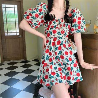Puff-sleeve Floral Print Mini A-line Dress Floral Print - Red & Green - One Size