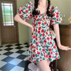 Puff-sleeve Floral Print Mini A-line Dress Floral Print - Red & Green - One Size