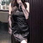 Set: Halter-neck Mini Sheath Qipao Dress + Lace Arm Sleeves