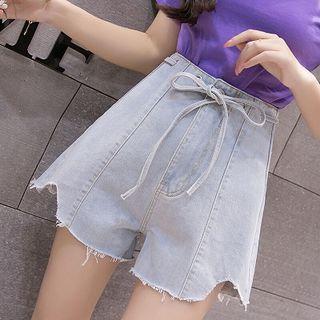 Lace-up Frayed High-waist Denim Shorts