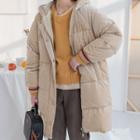 Hooded Padded Buttoned Velvet Coat Champagne - One Size