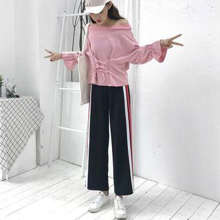 Loose-fit Lace-up Bell-sleeve Top / Striped Pants