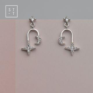 925 Sterling Silver Moon & Star Dangle Earring 1 Pair - As Shown In Figure - One Size