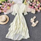 V-neck Slim Cut Short-sleeve Maxi Dress