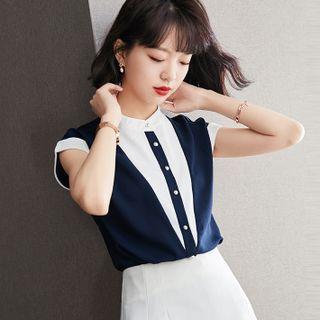 Short-sleeve Color Block Chiffon Blouse