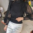 High-neck Sheer-sleeve Laced Top