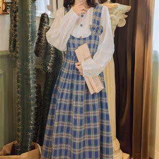 Set: Blouse + Plaid Midi Jumper Dress