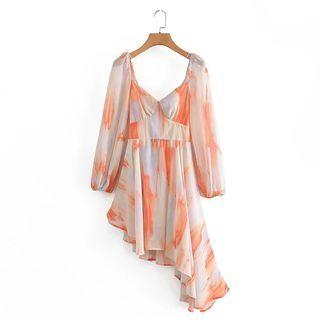 Balloon-sleeve Tie-dyed Asymmetrical A-line Dress