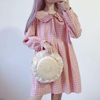 Long-sleeve Plaid Peter Pan Collar Dress Pink - One Size