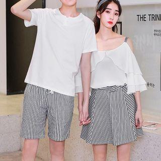 Couple Matching Short-sleeve T-shirt / 3/4-sleeve Cold Shoulder Top / Striped Shorts / A-line Skirt