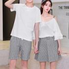 Couple Matching Short-sleeve T-shirt / 3/4-sleeve Cold Shoulder Top / Striped Shorts / A-line Skirt