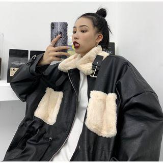 Faux-fur Panel Faux-leather Jacket Black - One Size