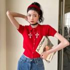 Short-sleeve Cross Embroidered Polo Knit Top