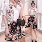 Set: Short-sleeve Embellished Floral Print Shirt + Mini Skirt