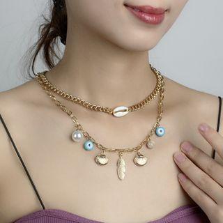 Alloy Shell Evil Eye Pendant Layered Choker Necklace Gold - One Size
