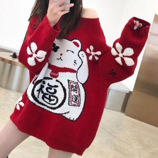 Lucky Cat Print Sweater Red - One Size