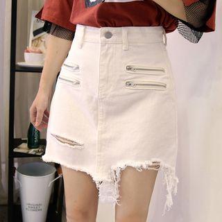 Zip Detail Ripped A-line Denim Skirt