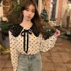 Long-sleeve Lace Dotted Blouse Off-white - One Size