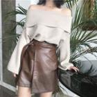 Fold Over Off-shoulder Sweater / Asymmetrical A-line Faux Leather Skirt