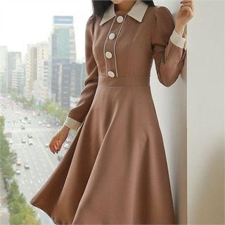 Contrast-trim Button-trim A-line Dress