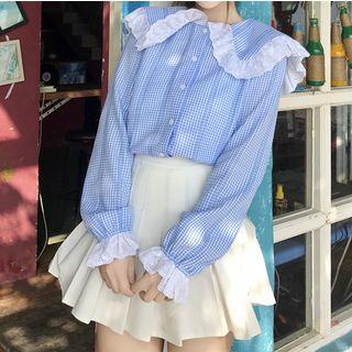Eyelet Lace Trim Gingham Blouse