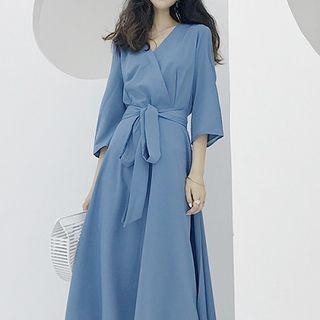 Plain V-neck High-waist Midi Dress As Figure - One Size