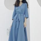 Plain V-neck High-waist Midi Dress As Figure - One Size