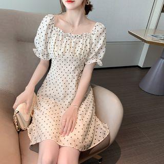 Puff-sleeve Dotted Ruffled Dress