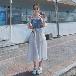 Denim Panel Spaghetti-strap Dress