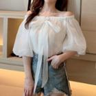 Elbow-sleeve Ribbon Front Blouse