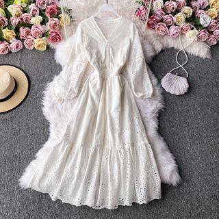 V-neck Eyelet-lace Long-sleeve Midi Dress White - One Size