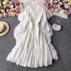 V-neck Eyelet-lace Long-sleeve Midi Dress White - One Size