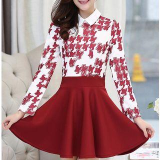 Collared Printed Panel Long Sleeve Mini A-line Dress