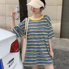 Elbow-sleeve Striped Open-back T-shirt