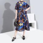 Elbow-sleeve Patterned Midi Shirt Dress As Shown In Figure - One Size