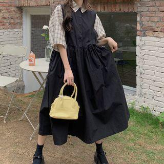 Elbow-sleeve Plaid Shirt / Midi Overall Dress