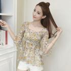 3/4-sleeve Floral Smocked Chiffon Blouse