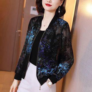 Floral Print Zip Chiffon Jacket