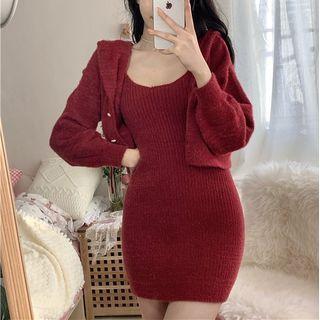Spaghetti Strap Knit Mini Sheath Dress / Cropped Cardigan