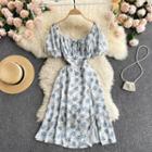 Square-neck Ruched Puff-sleeve Print Dress