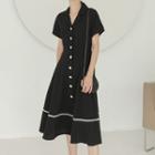 Contrast Stitching Short-sleeve Midi A-line Dress