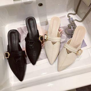 Pointy-toe Buckle Strap Block Heel Mules