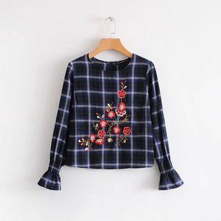 Long-sleeve Embroidered Check Top