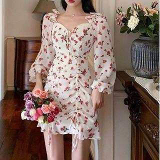 Long-sleeve Floral Drawstring Mini Dress