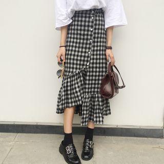 Asymmetric Gingham Midi Skirt