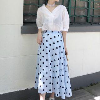 V-neck Elbow-sleeve Blouse / High Waist Dotted Midi Skirt