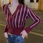 V-neck Striped Cropped Cardigan Wine Red - One Size